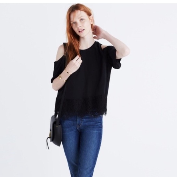 MADEWELL Silk Cold Shoulder Lace Detailed Top - Picture 1 of 14